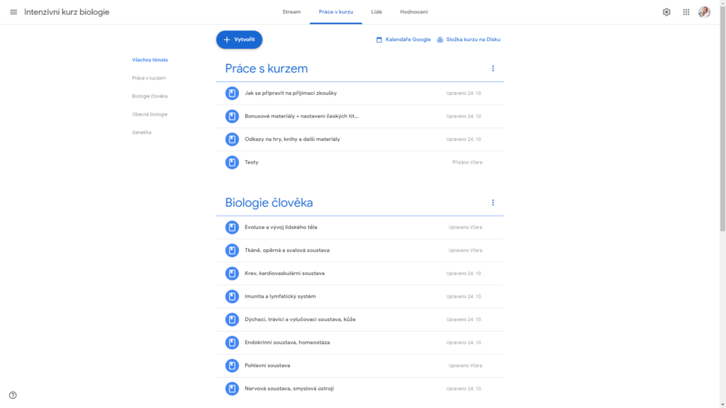 Prostředí kurzu v Google Classroom